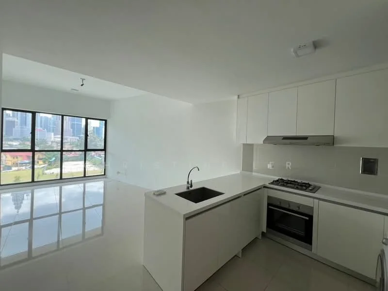 Kitchen features: white cabinetry, marble countertop, single-bowl stainless-steel sink, chrome pull-down faucet, built-in gas stove, exhaust hood, white tiled backsplash, large floor-to-ceiling windows, polished ceramic tile flooring, open-plan layout, recessed downlights, neutral painted walls; style: modern; view: city.