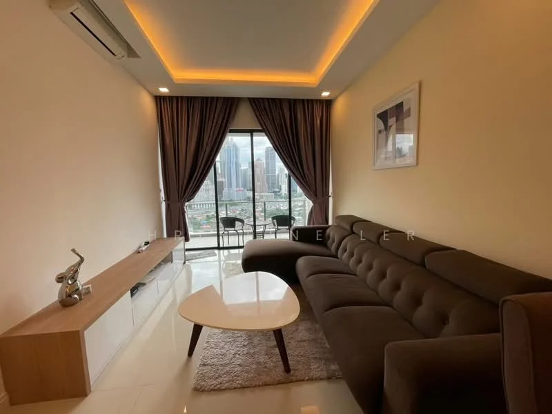 Living features: 3-seater fabric sofa in dark brown, coffee table with white top and wooden legs, TV console with storage, floor-to-ceiling windows, curtains in dark brown, recessed downlights, wall-mounted artwork, area rug with neutral color; style: modern; view: city.