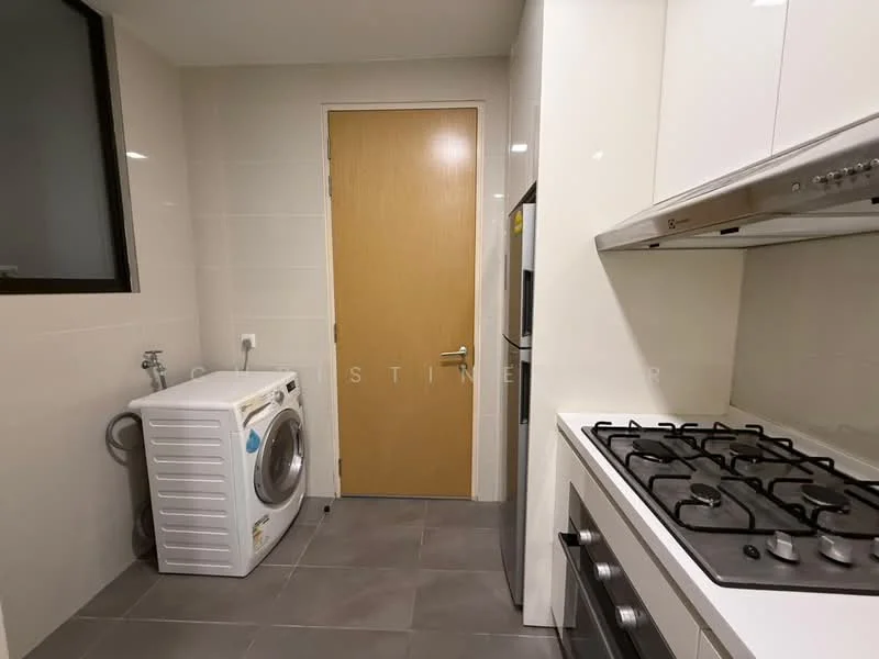 Laundry features: white front-load washing machine, gas stove with 5 burners, stainless-steel range hood, grey tile flooring, white tiled walls, wooden door, window for natural light; style: modern.
