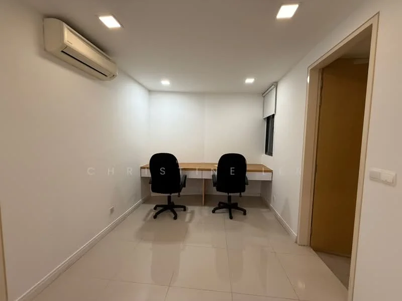 Study features: white painted walls, tile flooring, 2 work desks, 2 office chairs, 1 wall-mounted split AC, 1 window, recessed LED downlights; style: modern.