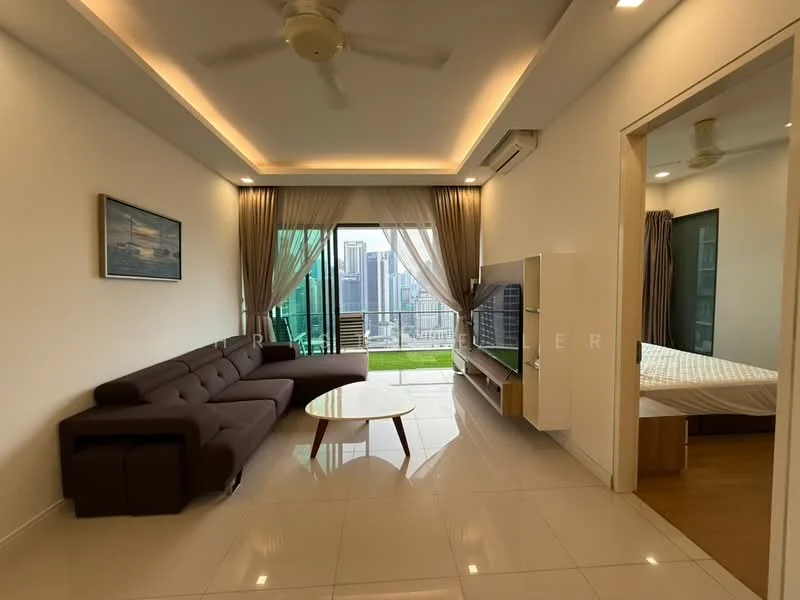 Living features: 3-seater fabric sofa in dark brown, coffee table, floor-to-ceiling windows, curtains, recessed ceiling lights, ceiling fan, white painted walls, glossy tile flooring, view of city skyline, TV console, wall-mounted TV; style: modern; view: city. Bedroom features: queen-size bed, wooden flooring, built-in wardrobe, white painted walls, curtains; style: modern.