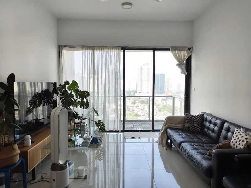 Living features: black leather sofa, glass coffee table, floor-to-ceiling windows, sheer curtains, white painted walls, polished ceramic tile flooring, TV console, indoor plants, city skyline view, ceiling lights; style: modern; view: city.
