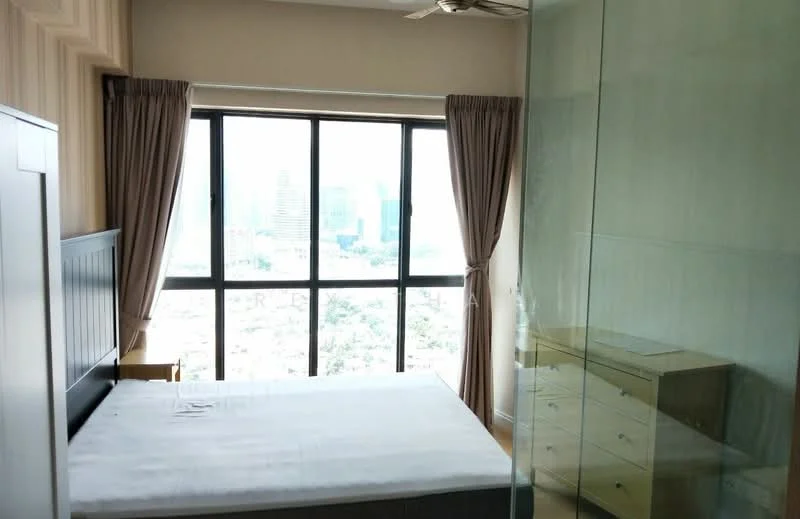 Bedroom features: floor-to-ceiling windows, curtains, upholstered headboard, queen-size bed, glass wall, wooden dresser, ceiling fan, neutral wall color, carpeted flooring; style: modern; view: city.