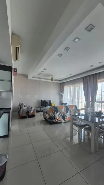Living features: white painted walls, tray ceiling with recessed downlights, large floor-to-ceiling windows, curtains, 2 fabric sofas with colorful covers, coffee table, wall-mounted TV, TV console, dining table with white chairs, 1 wall-mounted split AC, polished ceramic tile flooring, decorative ceiling fan; style: modern; view: city.