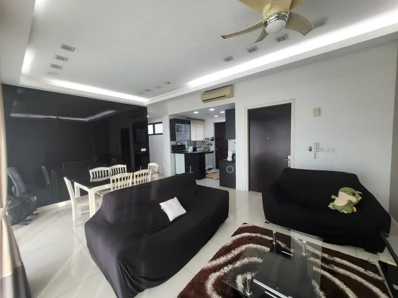 Living features: black fabric sofa, 2-seater sofa, 3-seater sofa, coffee table with glass top, area rug with geometric pattern, ceiling fan with light, recessed downlights, white painted walls, tile flooring, decorative throw pillow, wall-mounted TV, dining table with white chairs; style: modern. Kitchen features: kitchen island, stainless-steel fridge, built-in oven, microwave, black cabinetry, countertop with bar stools, open layout to living area; style: modern.