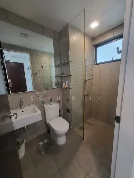 Bathroom features: single-sink vanity with wall-mounted faucet, framed mirror, one-piece toilet, walk-in shower with glass enclosure, rain shower head, tile cladding on walls, grey ceramic tile flooring, built-in shelving, window for natural light, recessed downlights; style: modern.