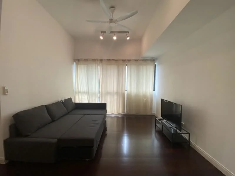 Living features: L-shape sectional sofa in dark grey, wood flooring, recessed downlights, 5-blade ceiling fan, floor-to-ceiling windows, sheer curtains, wall-mounted TV, TV console, decorative wall, open layout; style: modern.