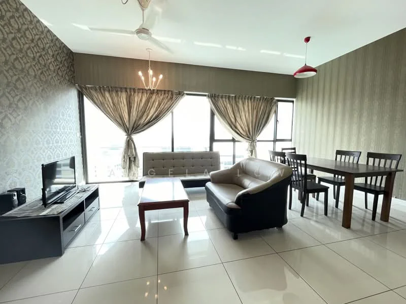 Living features: floor-to-ceiling windows, sheer curtains, chandelier, 5-blade ceiling fan, 3-seater leather sofa, coffee table, TV console, wall-mounted TV, dining table for 6, upholstered dining chairs, decorative wall with patterned wallpaper, glossy tile flooring; style: modern; view: city.