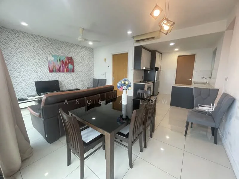 Living features: 3-seater leather sofa in brown, wall-mounted TV, coffee table, area rug, ceiling fan, decorative wall with floral pattern, light fixture with multiple bulbs, sliding glass door, curtains, wall art, tile flooring; style: modern. Dining features: 4-seater dining table, upholstered dining chairs, vase with flowers, tile flooring; style: modern. Kitchen features: built-in cabinets, microwave, stainless-steel fridge, countertop, sink, kitchen appliances, tile backsplash, tile flooring; style: modern.