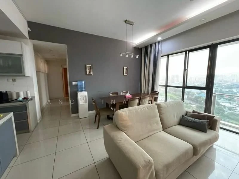 Living features: beige fabric sofa, coffee table, dining table for 6, floor-to-ceiling windows, grey accent wall, white painted walls, recessed downlights, tile flooring, city view; style: modern; view: city. Dining features: 6-seater dining table, wooden dining chairs, decorative pendant light; style: modern; view: city. Kitchen features: grey cabinetry, stainless-steel sink, built-in stove, microwave, refrigerator; style: modern.