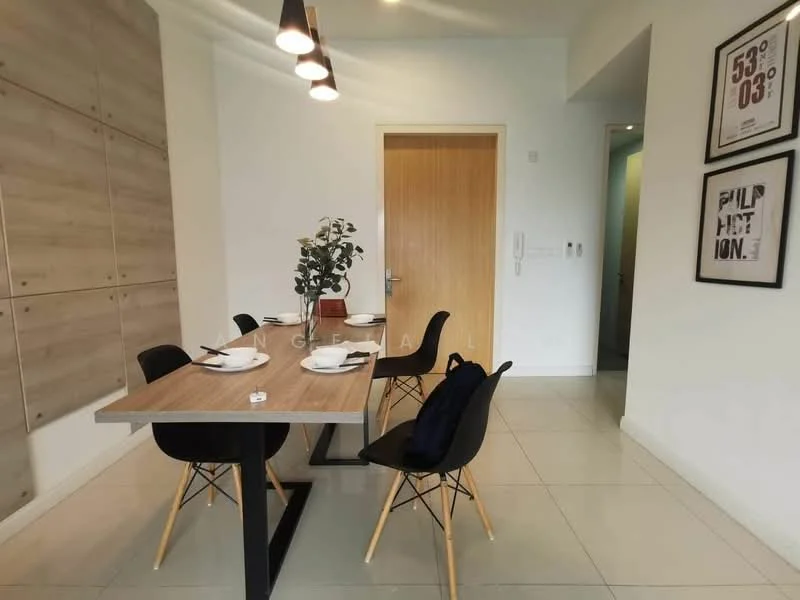 Dining features: wood dining table, 4 black dining chairs, white plates on the table, decorative plant in vase, light fixture with multiple bulbs, white walls, grey tiled flooring, wood panel accent wall, door leading to another room, framed artwork on the wall; style: modern.