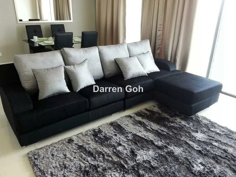 Living features: L-shape sectional sofa in black fabric, decorative cushions in silver, area rug with abstract pattern in grey and black, floor-to-ceiling windows, sheer curtains in beige, wall-mounted mirror, light-coloured walls, tile flooring; style: modern.
