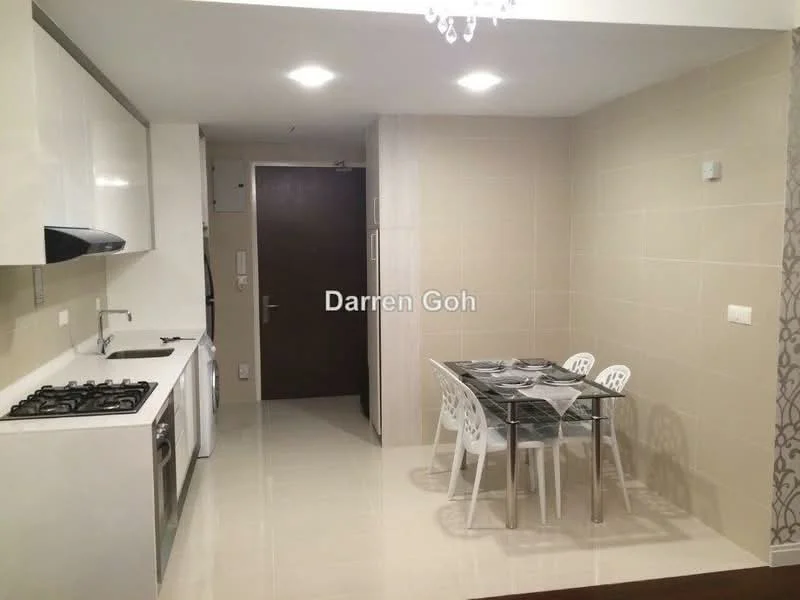 Kitchen features: white glossy cabinetry, stainless-steel gas hob, built-in oven, stainless-steel range hood, single-bowl stainless-steel sink, chrome pull-down faucet, white tiled backsplash, marble tile flooring, recessed LED downlights, dining table with glass top, 4 white plastic dining chairs, wall-mounted intercom, cream painted walls; style: modern.