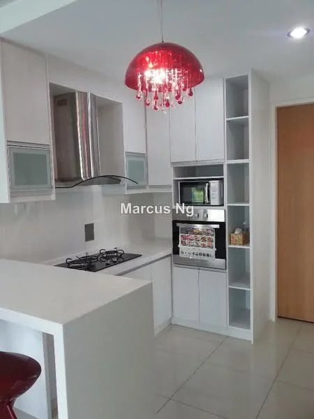 Kitchen features: white cabinetry, stainless-steel range hood, 4-burner gas hob, built-in oven, microwave, refrigerator, white tiled backsplash, pendant light with red shade, countertop with breakfast bar, ceramic tile flooring, open shelving, kitchen sink; style: modern.