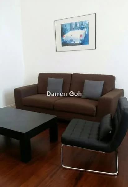 Living features: brown fabric 3-seater sofa, black coffee table, 2 grey accent cushions, wooden flooring, framed artwork on wall, black lounge chair; style: modern.