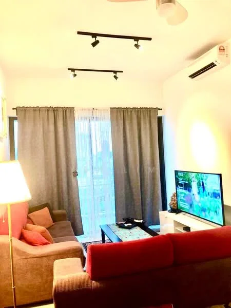 Living features: 3-seater fabric sofa in red, 2-seater fabric sofa in beige, coffee table, wall-mounted TV, curtains in grey, track lighting, wall-mounted split AC, area rug, decorative items on TV console, floor lamp; style: modern; view: city.