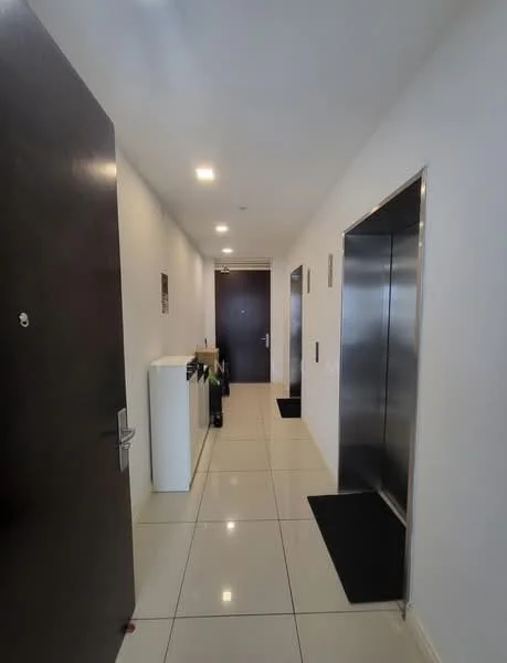 Room features: white painted walls, glossy tile flooring, elevator doors, black doormat, white cabinet, door to room, light fixtures, hallway lighting; style: modern.