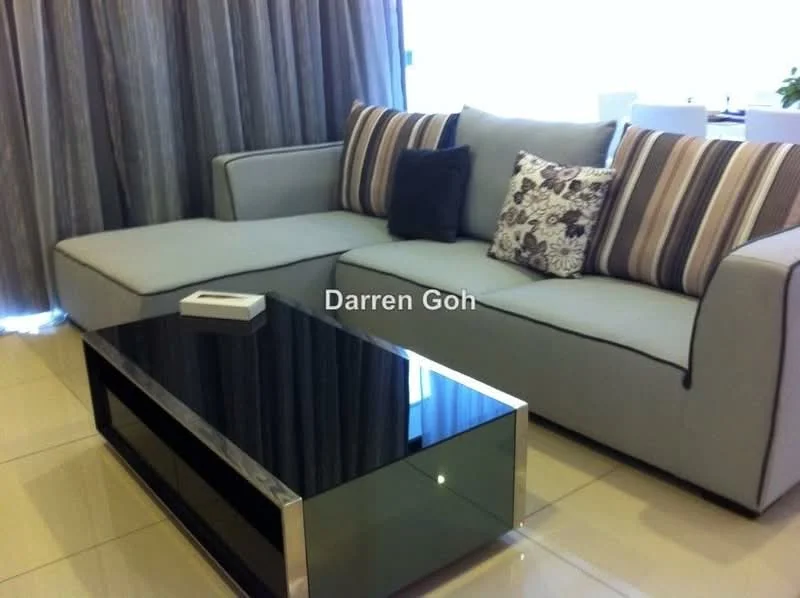 Living features: L-shape sectional sofa in light grey fabric, striped accent cushions, black coffee table with glossy surface, cream wall with light grey curtains, glossy tiled flooring, decorative throw pillow with floral pattern, floor-to-ceiling windows, natural light from window; style: modern.