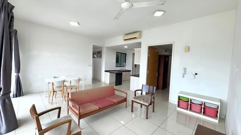 Living features: white painted walls, glossy tile flooring, 5-blade ceiling fan with light, recessed LED downlights, large windows with grey curtains, wooden sofa with red upholstery, two wooden chairs, dining table for four, open layout to kitchen, air conditioning unit; style: modern.
