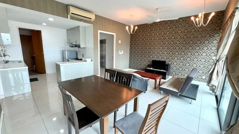 Living features: white tiled flooring, feature wall with geometric pattern, sofa bed in grey, wooden dining table with four chairs, TV console, wall-mounted TV, ceiling fan, recessed downlights, large windows with sheer curtains; style: modern; view: city. Kitchen features: white cabinetry, stainless-steel sink, built-in stove, microwave, white tiled backsplash, open layout to living area; style: modern.