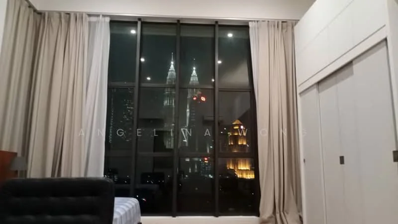 Room features: floor-to-ceiling windows, sheer curtains, blackout curtains, recessed downlights, built-in wardrobe, upholstered bed, decorative wall, city view; style: modern; view: city.