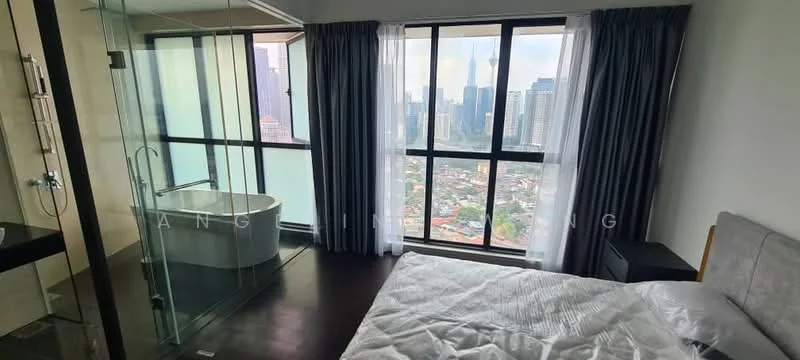 Bedroom features: king-size bed, upholstered headboard, floor-to-ceiling windows, city view, dark wood flooring, sheer curtains, blackout curtains, freestanding bathtub, glass shower enclosure, modern light fixture; style: modern; view: city.