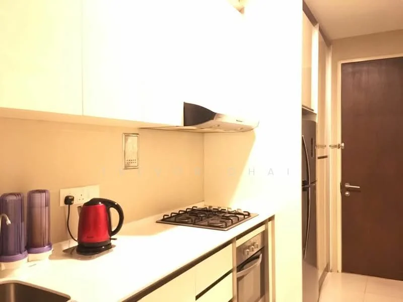 Kitchen features: white cabinetry, stainless-steel gas hob, built-in oven, stainless-steel range hood, white countertop, purple water filter, red kettle, stainless-steel fridge, wall-mounted electrical outlet, door leading to another room; style: modern.