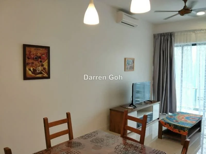 Dining features: 4-seater wooden dining table, wooden dining chairs, pendant lighting, wall-mounted TV, ceiling fan, light-colored walls, curtains, decorative artwork on wall, wooden TV console, colorful upholstered chair; style: modern.