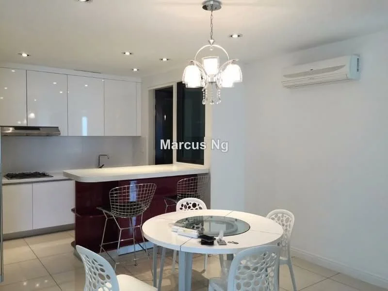 Kitchen features: white glossy cabinetry, red accent cabinetry, stainless-steel gas hob, stainless-steel range hood, white countertop, bar stools with chrome legs, round glass dining table, white plastic dining chairs, recessed downlights, wall-mounted split AC, tile flooring, open layout; style: modern.