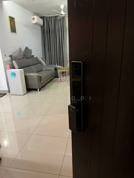 Living features: grey fabric sofa, white coffee table, floor-to-ceiling curtains, wall-mounted air conditioning unit, glossy tile flooring, decorative wall art, light-colored walls, ceiling fan; style: modern.