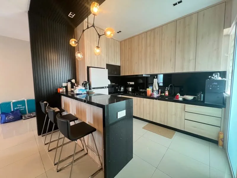 Kitchen features: black granite countertop, wood cabinetry with light finish, black backsplash, stainless-steel appliances, built-in oven, freestanding range oven, stainless-steel sink, chrome pull-down faucet, island with seating, pendant lighting, white tiled flooring, open shelving, coffee machine, toaster, dishwasher; style: modern.