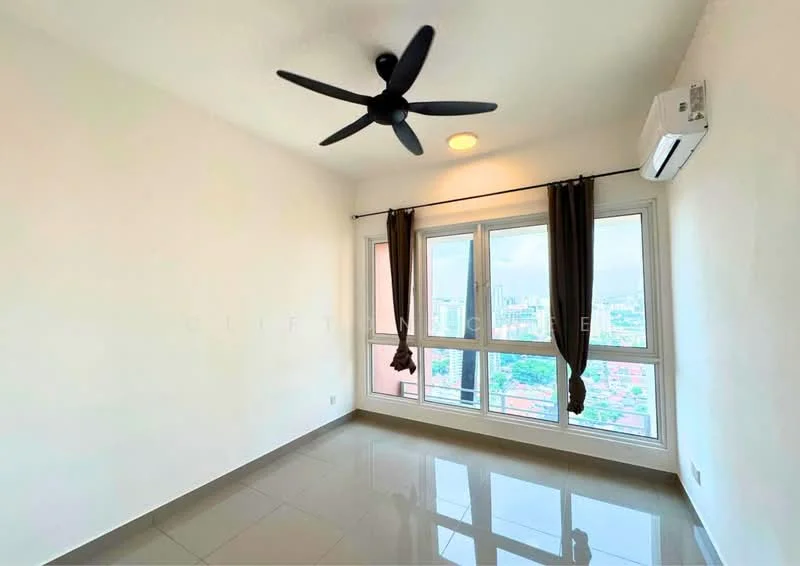 Room features: white painted walls, grey tiled flooring, 5-blade ceiling fan, recessed downlights, floor-to-ceiling windows, blackout curtains, wall-mounted split AC, city view; style: modern; view: city.