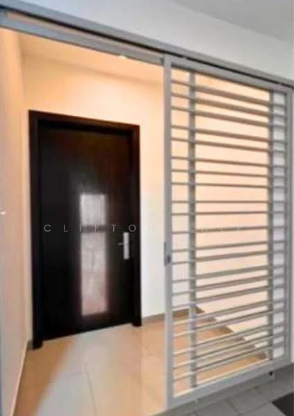 Room features: sliding glass door, dark wooden door, light-colored walls, tile flooring, metal grille partition, neutral color scheme, modern design, natural light from outside; style: modern.