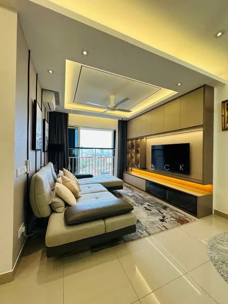 Living features: L-shape sectional sofa in grey, decorative cushions, coffee table, wall-mounted TV, built-in cabinetry with lighting, recessed ceiling with LED lights, floor-to-ceiling windows, curtains, area rug with abstract pattern, white tiled flooring, ceiling fan with light; style: modern; view: city.