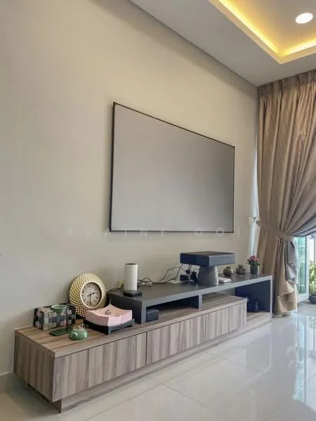 Living features: light grey painted walls, white ceiling with recessed lighting, glossy white tile flooring, wooden TV console, wall-mounted TV, decorative items on console, large window with sheer curtains, greenery visible outside the window; style: modern; view: garden.