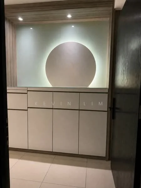 Room features: built-in cabinetry with white finish, smooth surface countertop, backlit circular feature on wall, recessed lighting, neutral tile flooring, wood paneling on walls, modern design; style: modern.