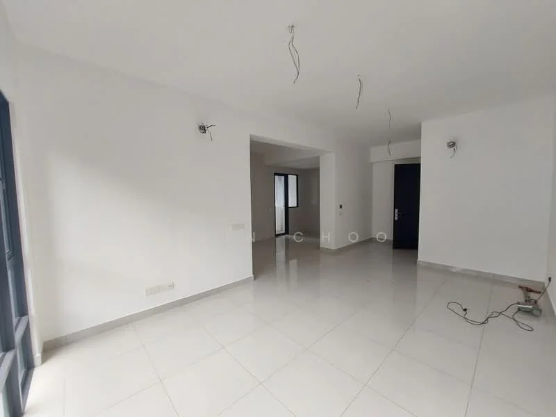 Room features: white painted walls, glossy ceramic tile flooring, recessed downlights, two wall-mounted light fixtures, open layout, large windows, doorway leading to another room, unpainted ceiling with electrical wiring visible; style: modern.