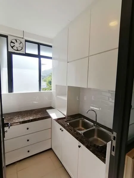 Kitchen features: white cabinetry, granite countertop in dark brown, double-bowl stainless-steel sink, chrome pull-down faucet, built-in shelving, tile backsplash, floor-to-ceiling windows, wall-mounted split AC; style: modern; view: mountain.