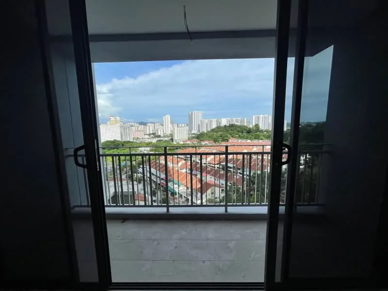 Room features: balcony, city view, sliding glass door, grey tiled flooring, railing, exterior wall with paint; style: modern; view: city.