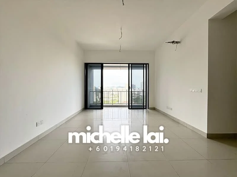 Living features: white painted walls, polished ceramic tile flooring, floor-to-ceiling windows, sliding glass door, city view, recessed ceiling lights, no visible furniture, neutral color scheme; style: modern; view: city.
