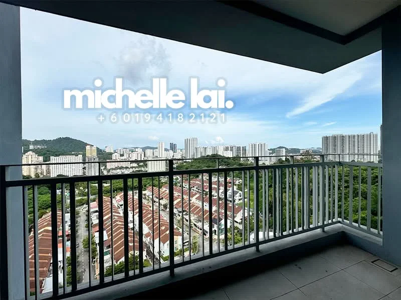 Room features: balcony, metal railing, city skyline view, mountain view, tiled flooring, concrete ceiling, outdoor space, sliding door access; style: modern; view: city.