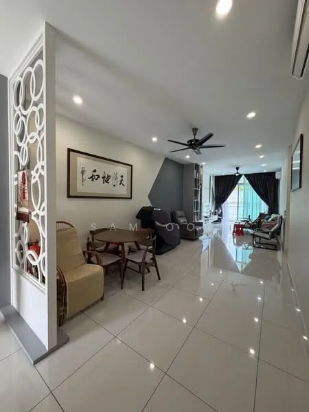 Living features: white painted walls, grey accent wall, polished ceramic tile flooring, 5-blade ceiling fan with light, floor-to-ceiling windows, blackout curtains, sofa with cushions, coffee table, dining table with chairs, decorative artwork, open layout, natural light; style: modern; view: garden.