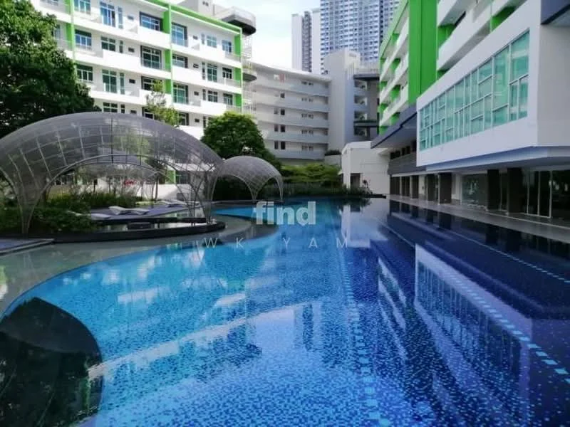 Exterior type: high-rise condominium; features: infinity pool, pool deck with loungers, landscaped garden, glass canopy structure, surrounded by greenery, modern architectural design, blue mosaic tile pool surface; style: modern.