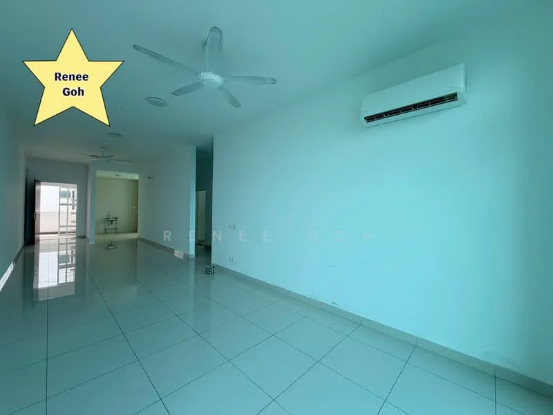 Room features: white painted walls, glossy white tile flooring, 5-blade ceiling fan, wall-mounted split AC, large windows providing natural light, open layout, recessed lighting, neutral color scheme; style: modern.