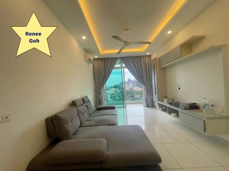 Living features: grey fabric sectional sofa, white tiled flooring, recessed LED downlights, 5-blade ceiling fan, floor-to-ceiling sliding glass door, sheer curtains, wall-mounted TV console, decorative wall shelf, water bottles on table; style: modern; view: city.