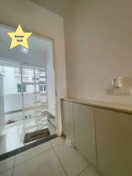 Room features: white painted walls, grey floor tiles, built-in cabinetry, doorway leading to another space, natural light from windows, minimalist design; style: modern.