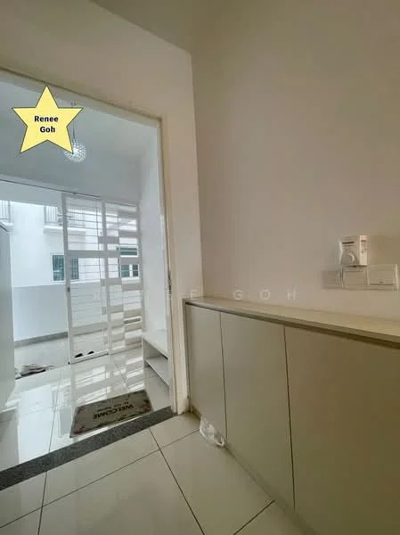 Room features: white painted walls, grey tiled flooring, built-in cabinetry, doorway leading to another space, light fixture, window with natural light, door with glass panels; style: modern.