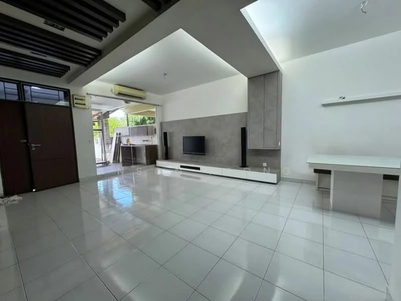 Living features: white painted walls, grey accent wall, polished ceramic tile flooring, exposed wooden beams on ceiling, recessed downlights, wall-mounted TV, TV console, built-in shelving unit, large sliding glass door, air conditioning unit, open layout, dining area adjacent; style: modern; view: garden.