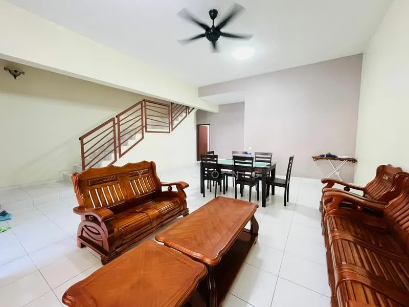 Living features: wooden sofa set with armrests, 2 coffee tables, ceiling fan, white tiled flooring, light beige painted walls, dining table with black chairs, staircase in background, wall-mounted light fixture; style: contemporary.