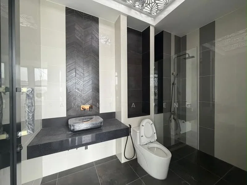 Bathroom features: black and white striped wall tiles, herringbone patterned accent wall, black countertop, wall-mounted basin with faucet, modern faucet, one-piece toilet, glass shower enclosure, dark tile flooring, recessed ceiling lights, decorative ceiling design; style: modern.